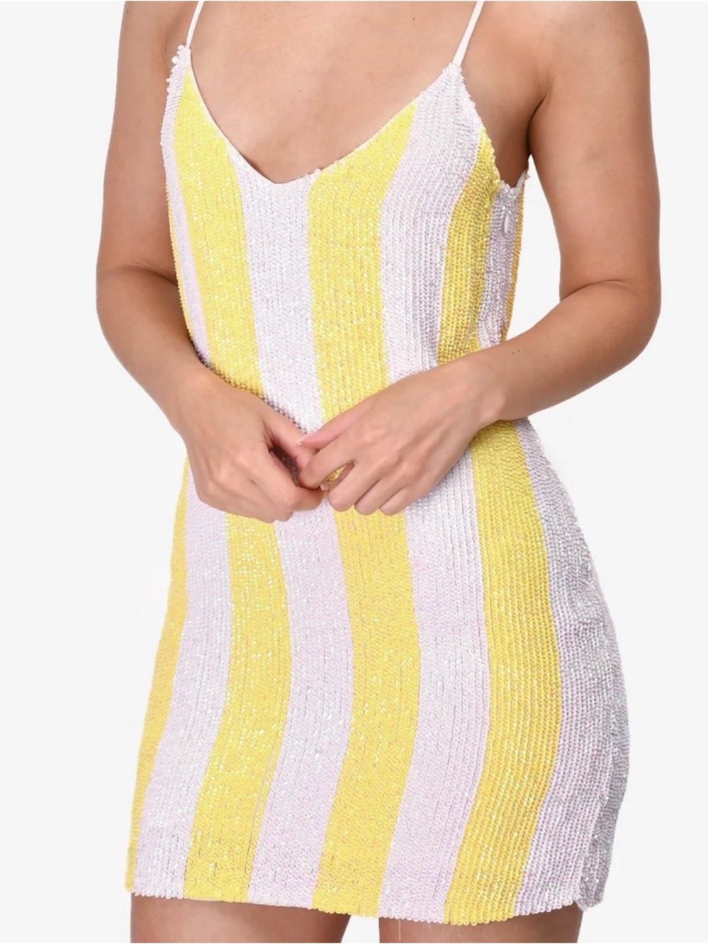 Retrofete Striped Yellow & White Sequin Spaghetti Strap Dress - Picture 2 of 9